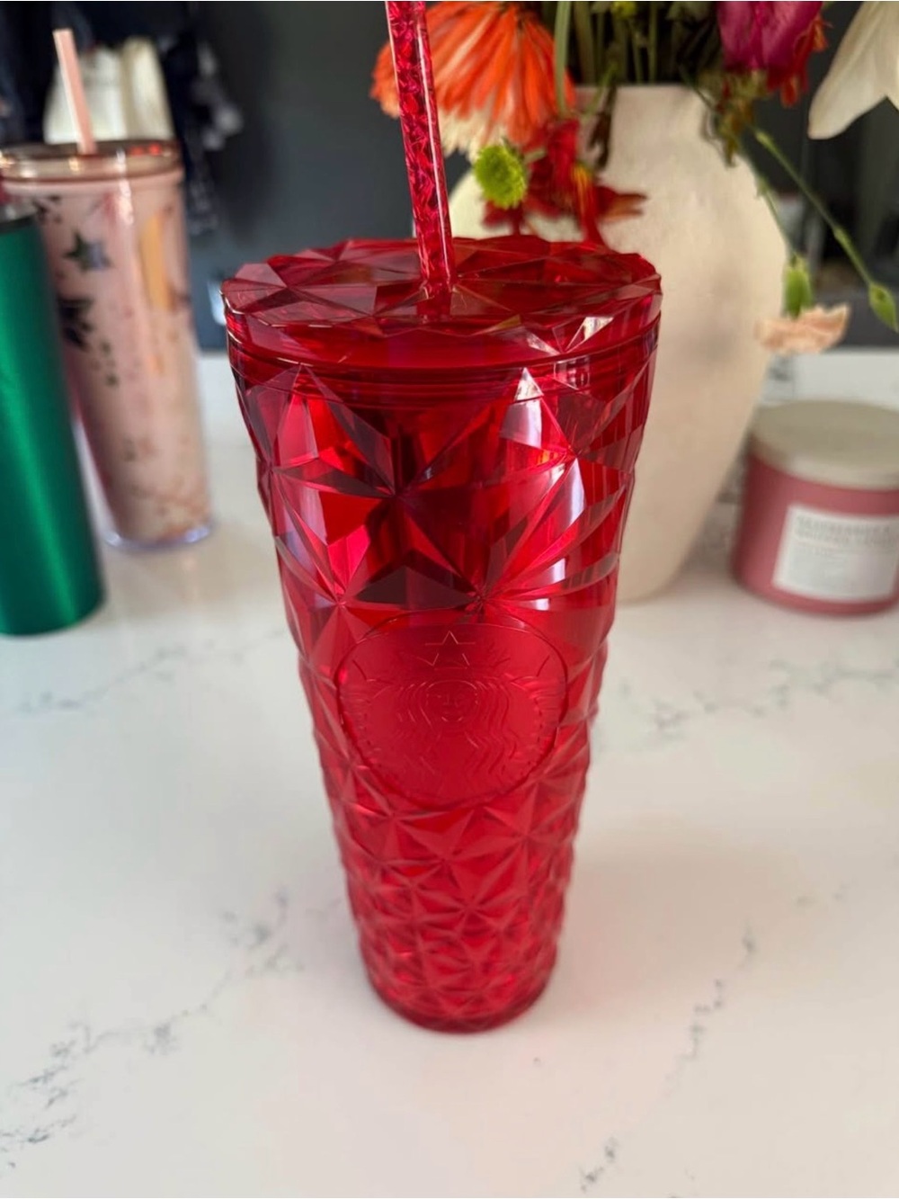 Starbucks Red Faceted Cold Cup with Straw